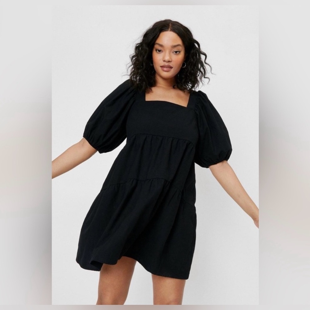 Shine Star Black Puff Sleeve Babydoll Mini Dress | Square Neck Boho Cottagecore - Picture 4 of 12
